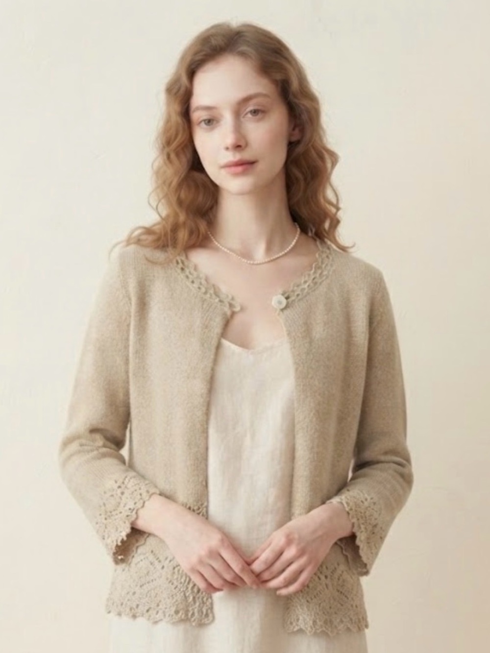 Vintage Sample Lace Trim Open Front Cardigan Beige Neutral Cottagecore SZ Small